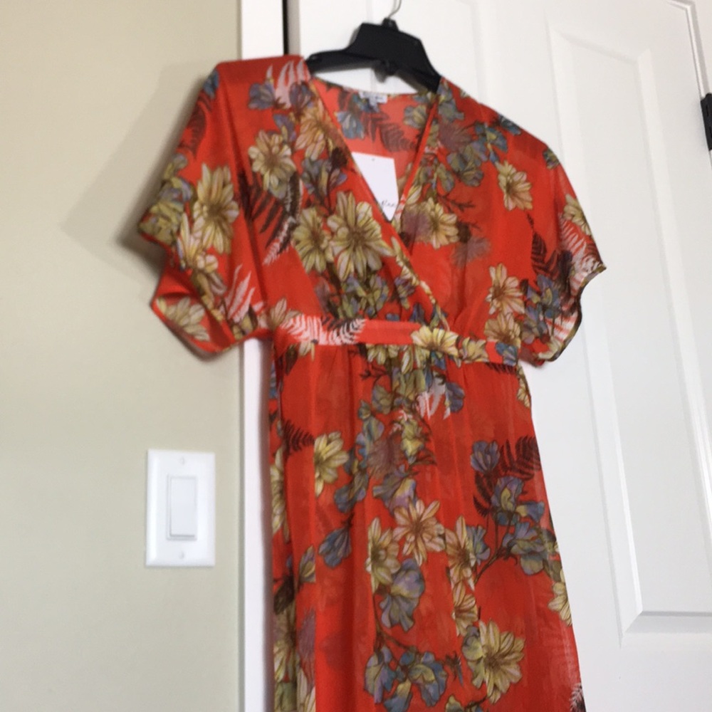 Orange Floral Maxi V-Neck Sheer Bohemian Dress NWT